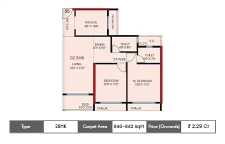 Sai World One 2 BHK floor plan, 840 sq ft carpet area