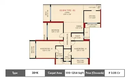 Sai World One 3 BHK floor plan, 1119 sq ft carpet area